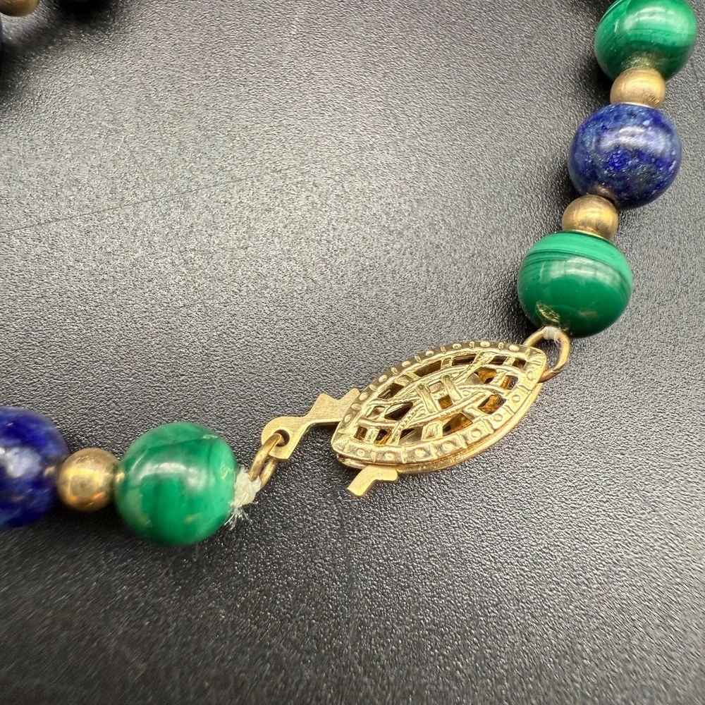 💚💙 Vintage Malachite & Lapis Bead Necklace 14/20 Gold Filled Clasp‎ 18